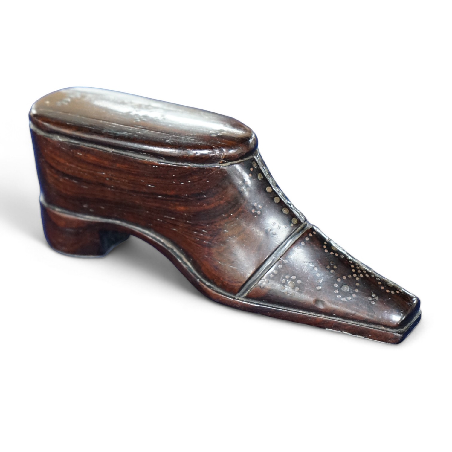 A 19th century rosewood and pique work snuff shoe, 11cm long. Condition - fair to good